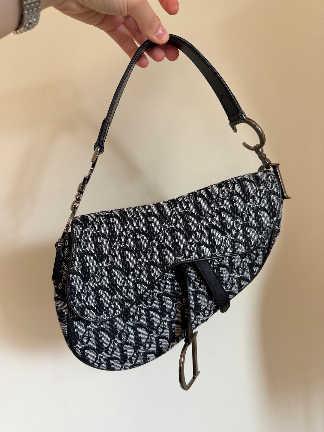 Vintage Christian Dior Saddle Bag Navy Oblique Jacquard Silver Hardware Y2K