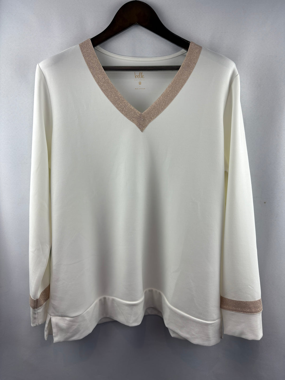 Women’s Belle by Kim Gravel Large Cream V-Neck Long Sleeve