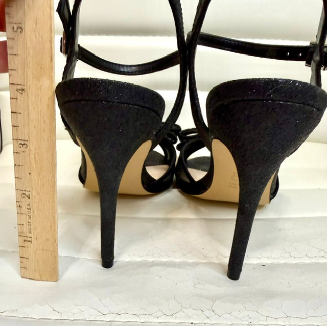 Nina Black Mesh Glitter Bow Heeled Sandals Sz7