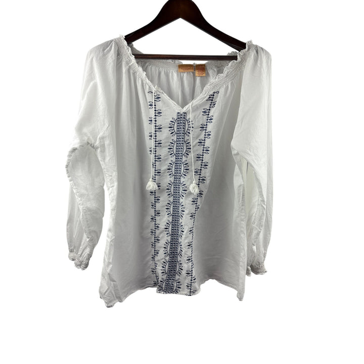 Women’s NorthCrest Size 14/16 White Long Sleeve Blouse w/ Navy Embroidery