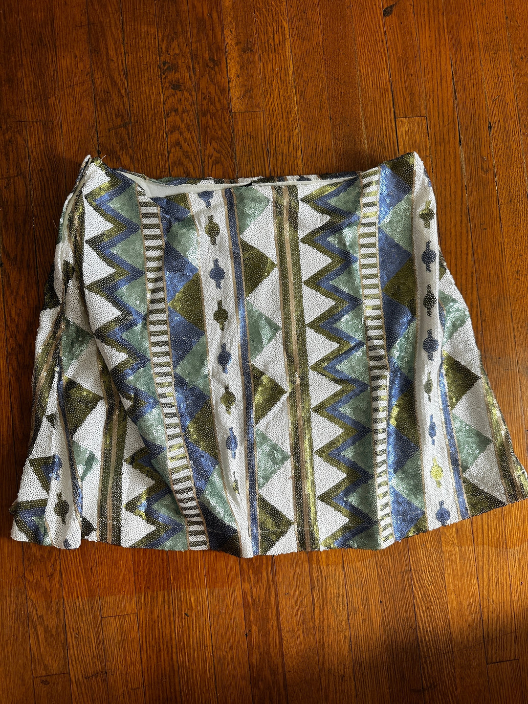 Aqua Geometric Sequin Mini Skirt Size L Blue Green Art Deco Party