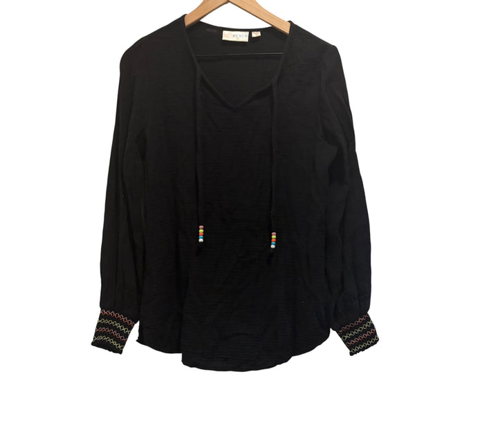 Belle Beach By Kim Gravel Black Gauze Boho Peasant Blouse Beaded Tassel Top XXS