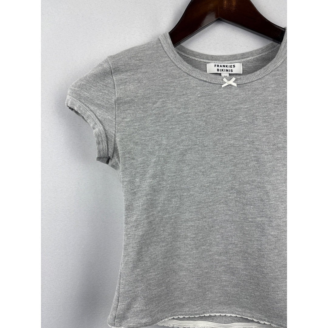 Women’s Frankie’s Bikinis Medium Light Grey Short Sleeve Crop Top w/ White Lace Trim
