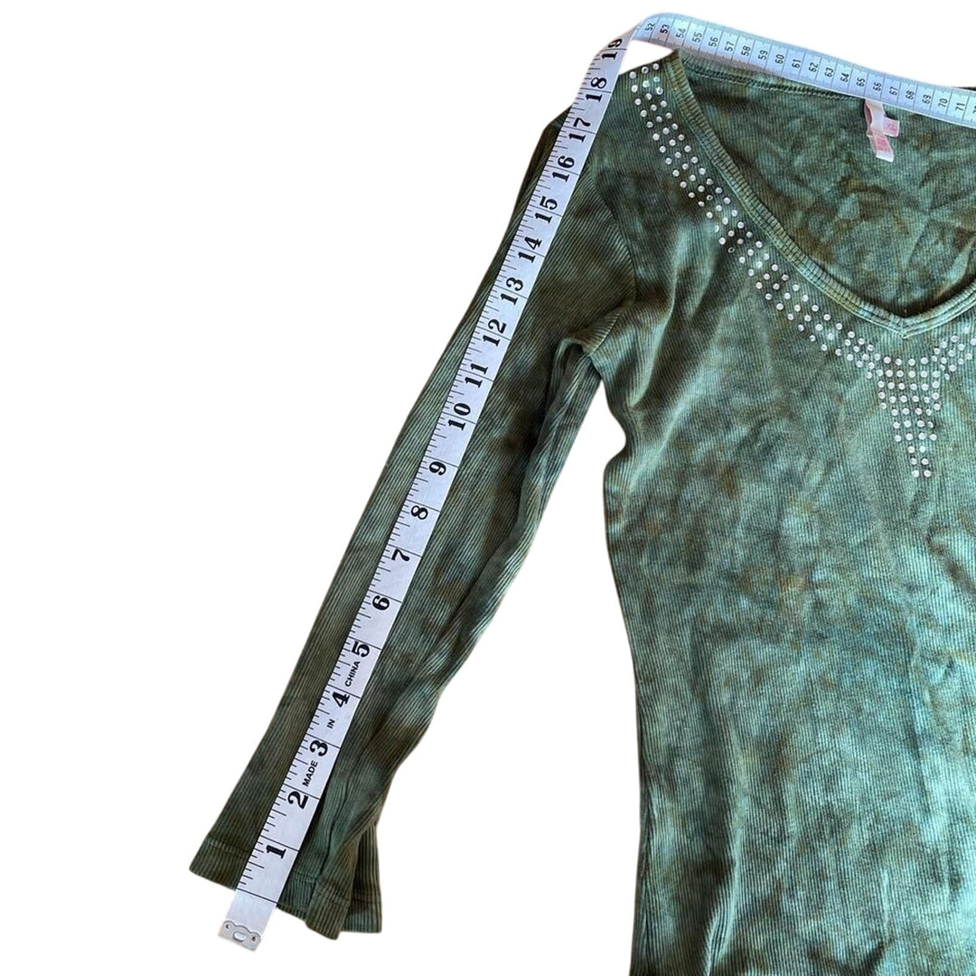 Y2K Women's Green Tie Dye Bedazzled 3/4 Sleeve Shirt sz XS
