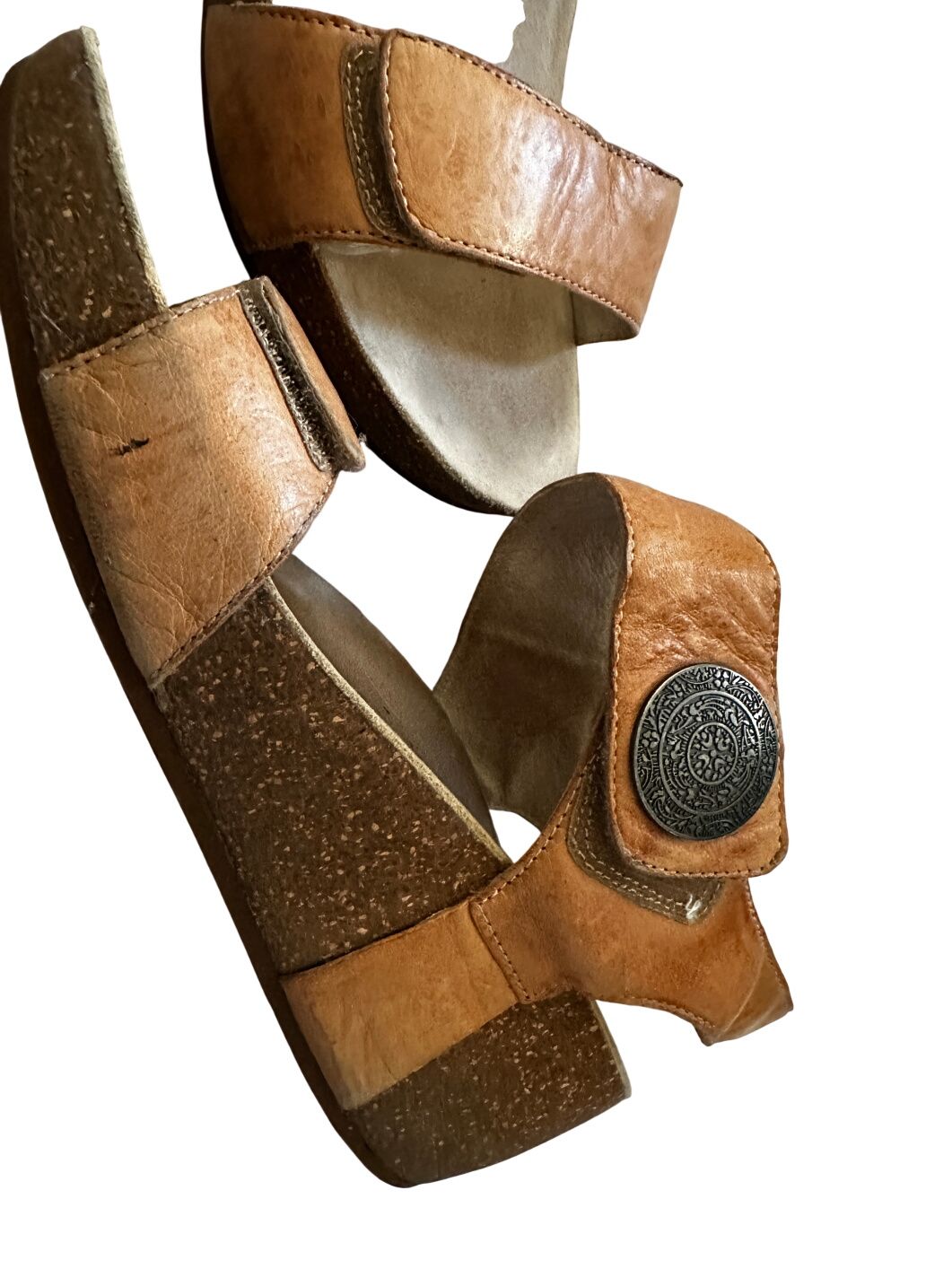 Adeo Genuine Leather Platform Wedge Sandals Cognac Brown Boho