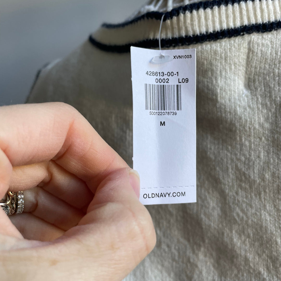 Old Navy Academia White/Cream V-neck Sweater Vest Navy Trim Fall Layer Size Med
