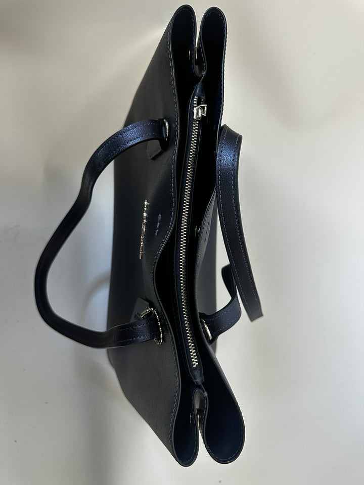 Coach Navy Blue Leather Tote Shoulder Bag Silver Hardware