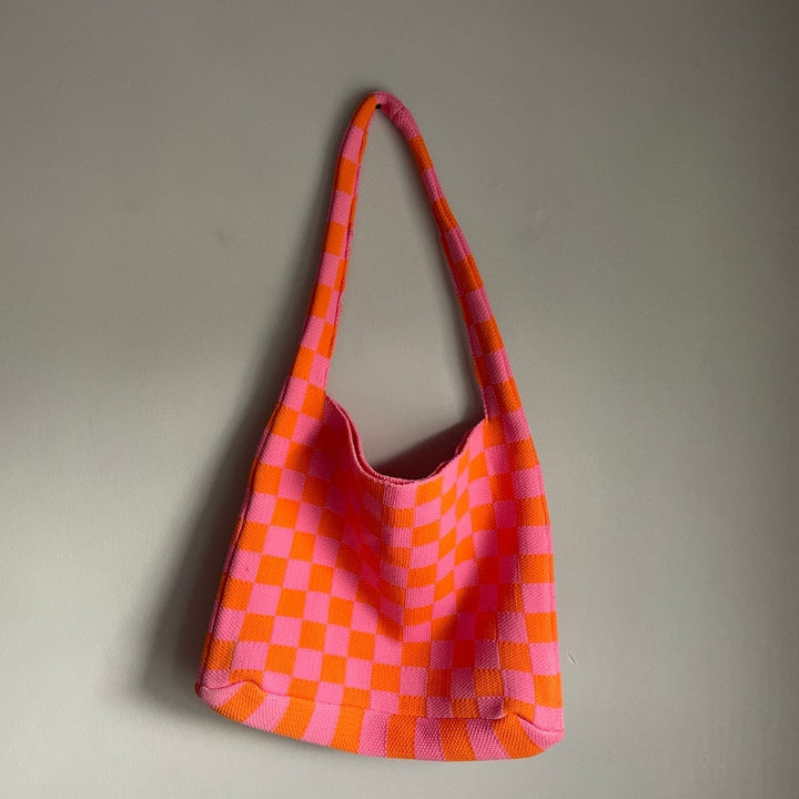 Kopari Knit Mini Tote Pink Orange 11" tall x 13.5" wide Retro Funky Checked Checkered