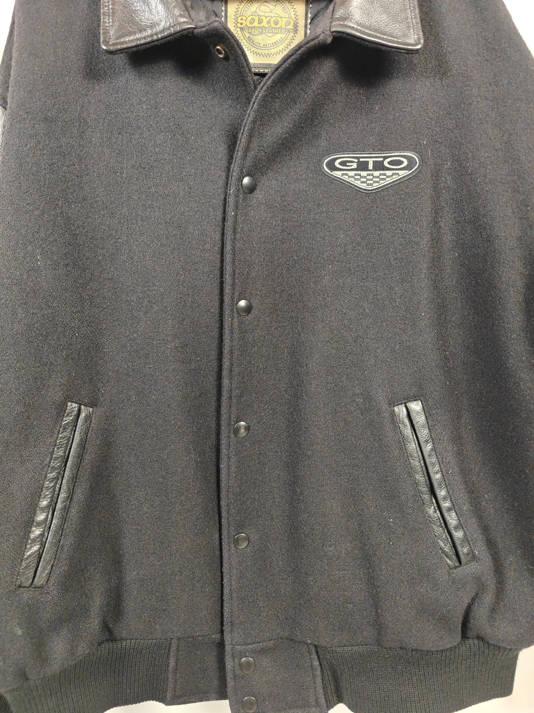 Mens Saxon Vintage Leather GTO Varsity Jacket Black Size 36