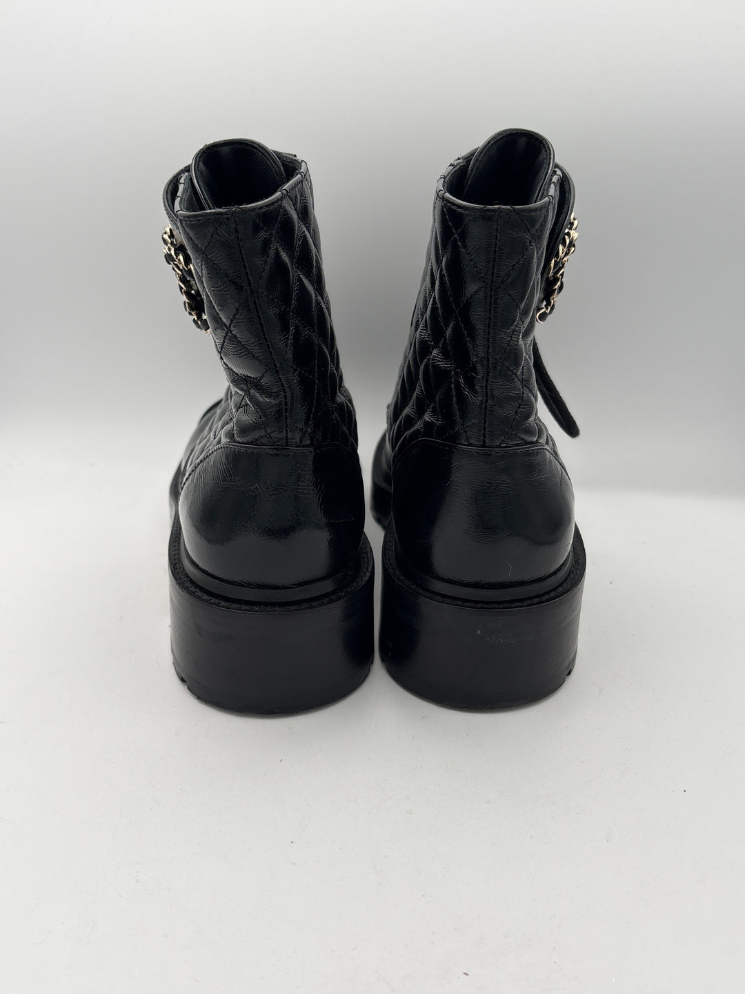 Chanel Womens 2020 Black Quilted Patent Leather Combat Boots Size 10