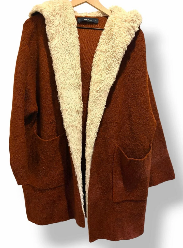 Zara Knit Hooded Cardigan Sz S Brown Sherpa Lapel Boho Hippie Sweater Jacket
