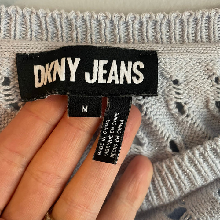 DKNY Light Blue Sparkle Crew Neck Open Knit Boxy Y2K Sweater size Medium