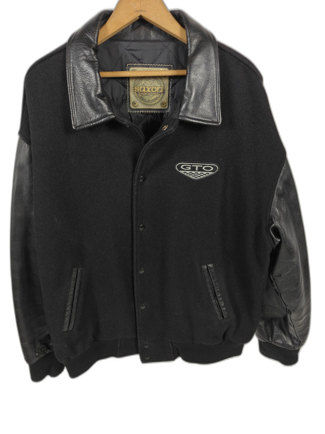 Mens Saxon Vintage Leather GTO Varsity Jacket Black Size 36