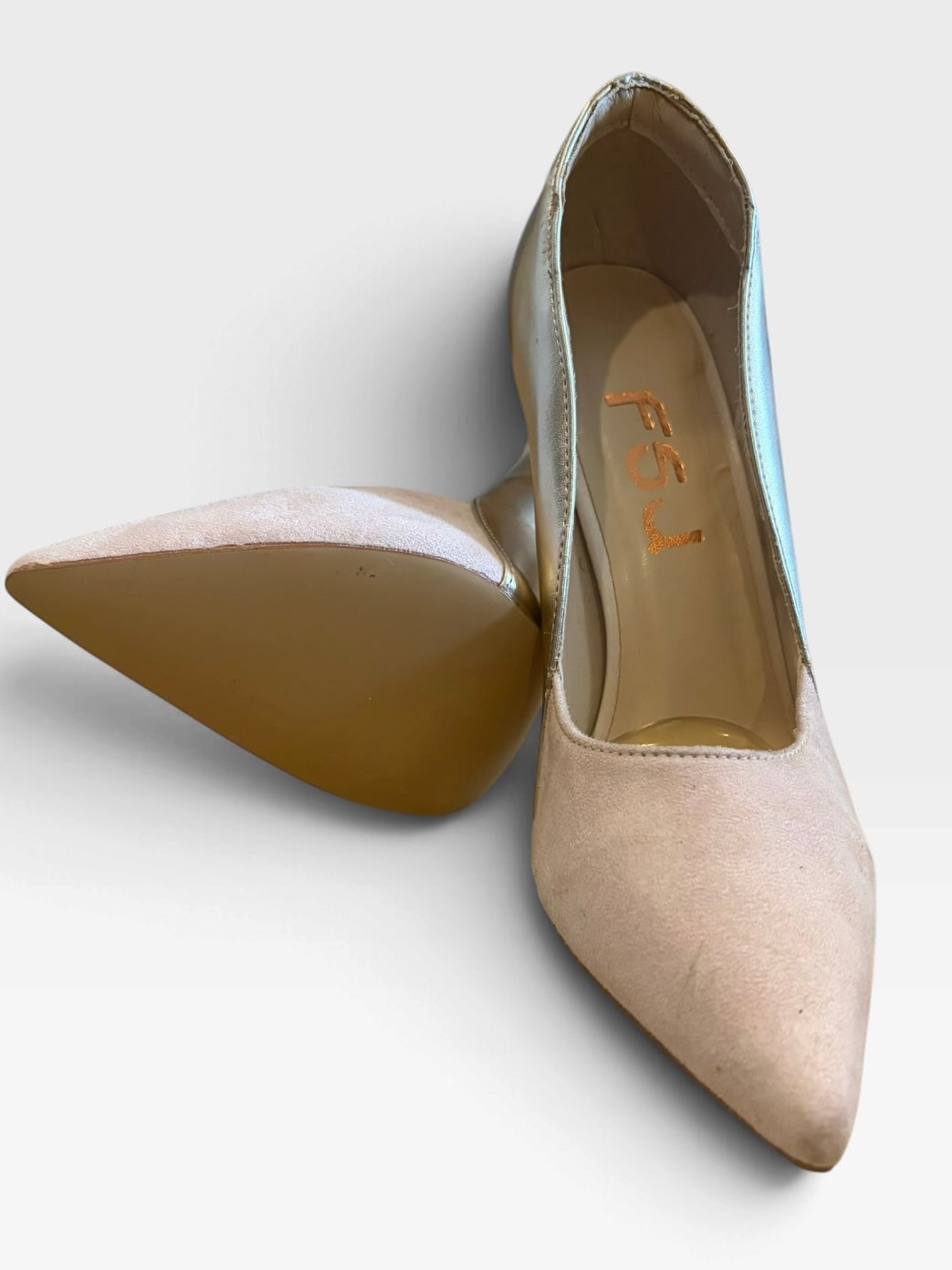 FSJ Beige Nude Gold Metallic Pointed Toe Stiletto Pumps Size 6