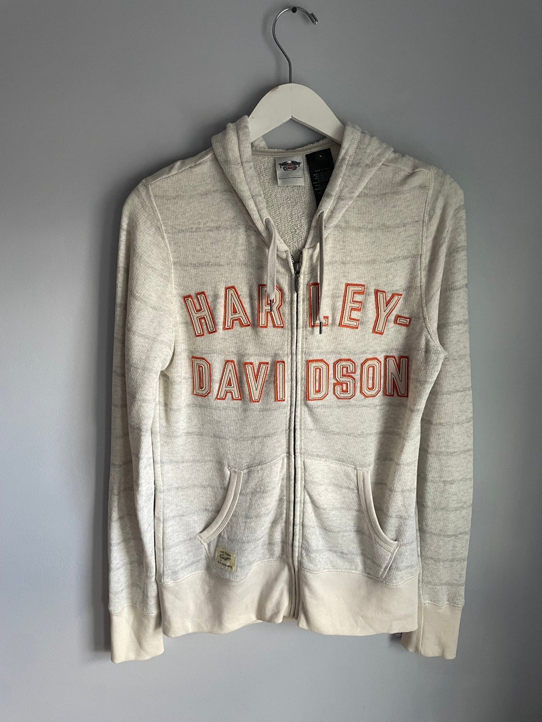 Harley Davidson Womens L Zip Up Hoodie Cream Orange Varsity Spellout Logo Biker