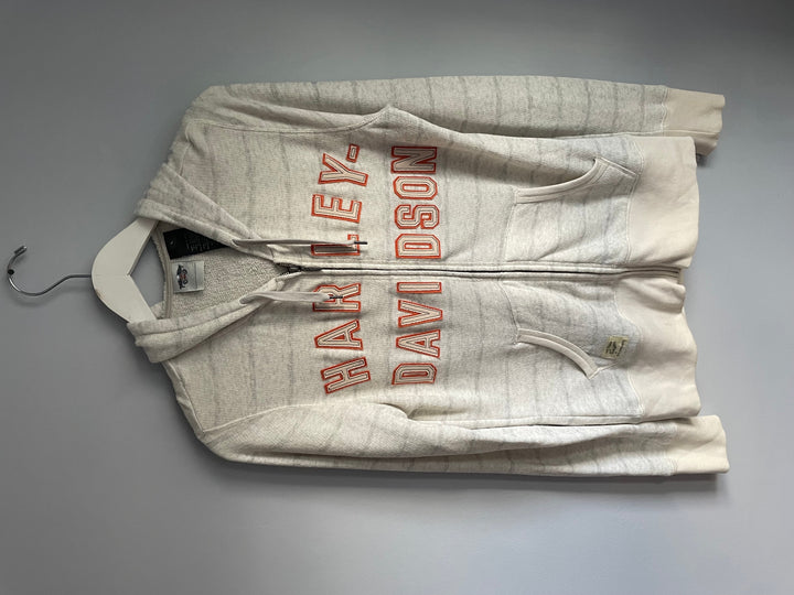 Harley Davidson Womens L Zip Up Hoodie Cream Orange Varsity Spellout Logo Biker