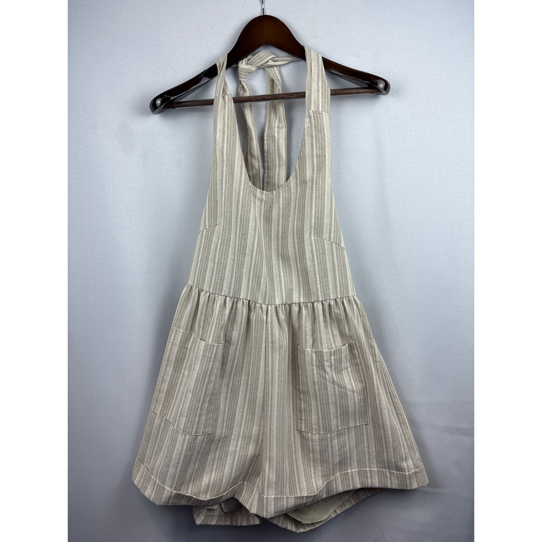 Women’s Mable Small Cream &amp; Tan Halter Romper with Pockets &amp; Back Tie