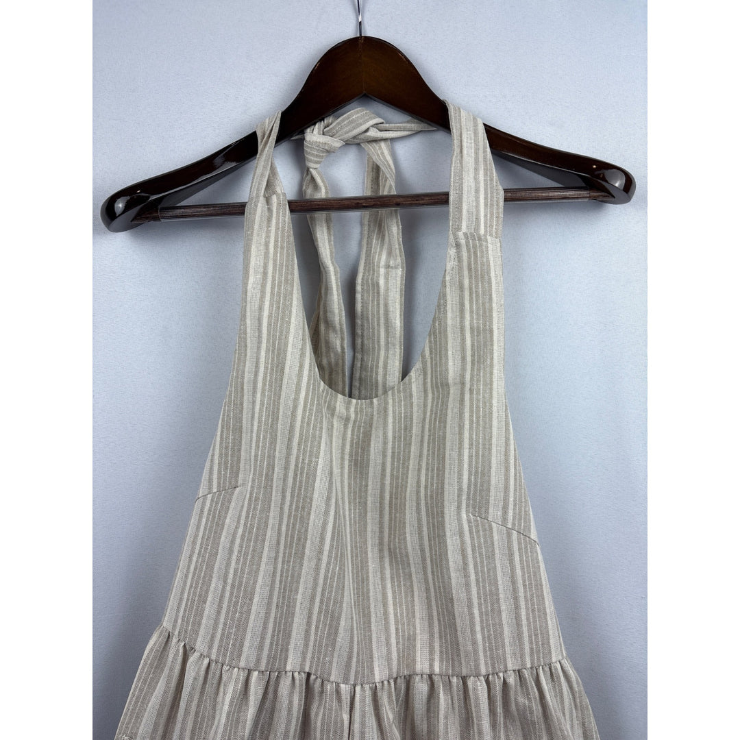 Women’s Mable Small Cream &amp; Tan Halter Romper with Pockets &amp; Back Tie
