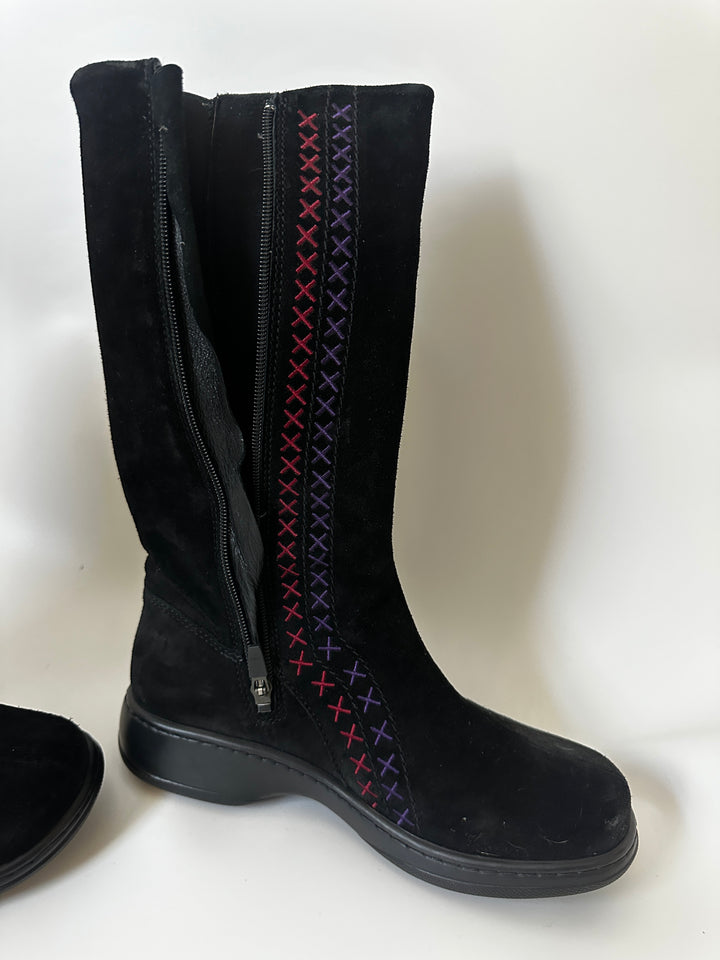 Dansko Fleur Black Suede Embroidered Tall Boots Size 40 US 9.5–10