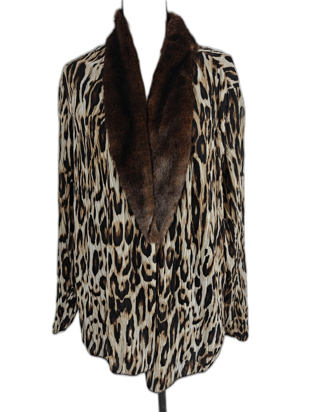 Chicos Leopard Print Sheer Blouse With Faux Fur Collar Brown Black Size 3
