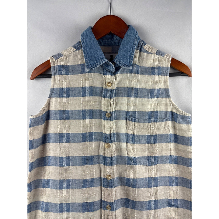 Purrfect By Krazi Kat Womens Medium Sleeveless Blue &amp; White Plaid Button Down Top