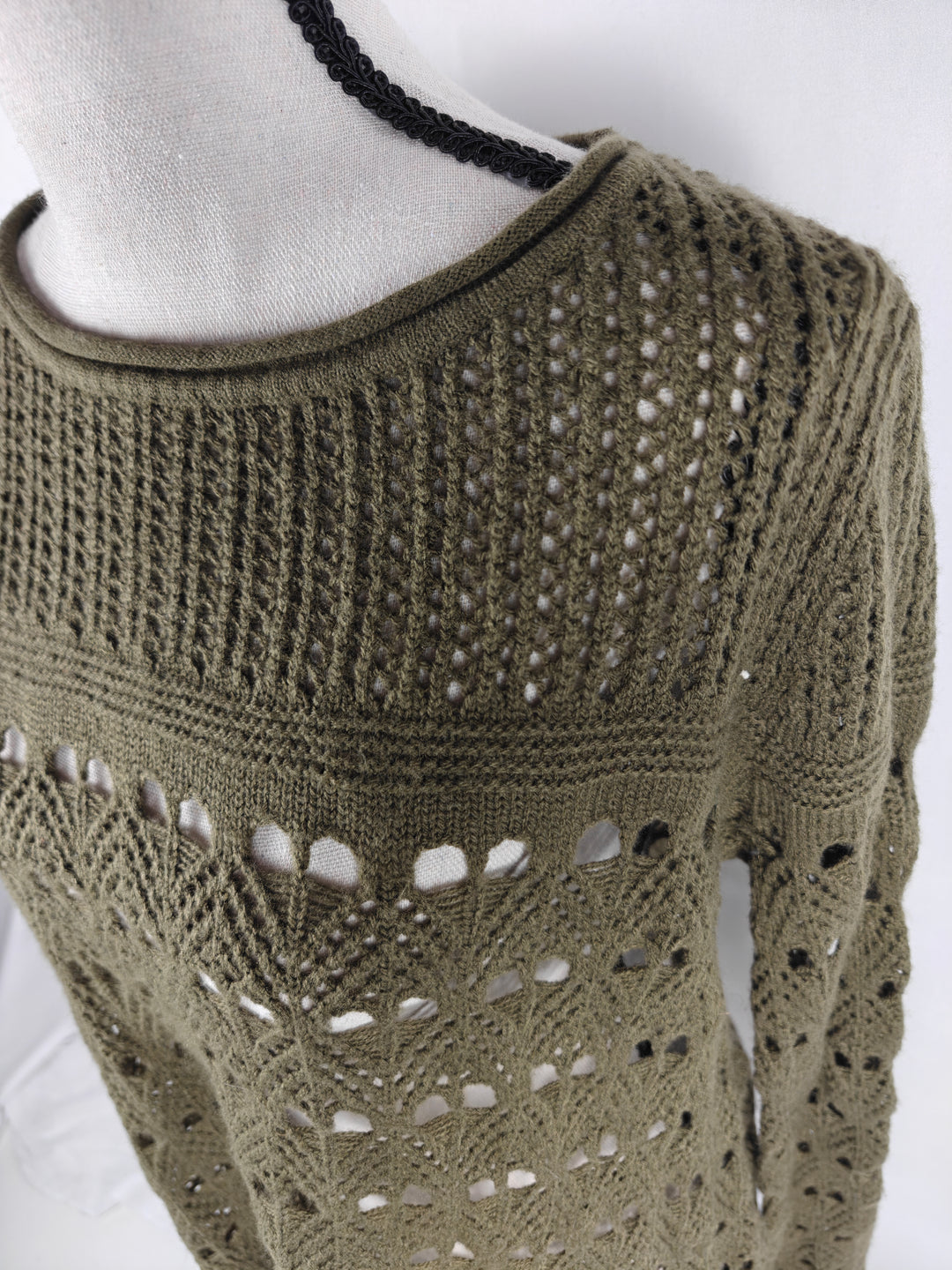 Women’s Cupio Open Knit Crochet Sweater Olive Green Size M/M