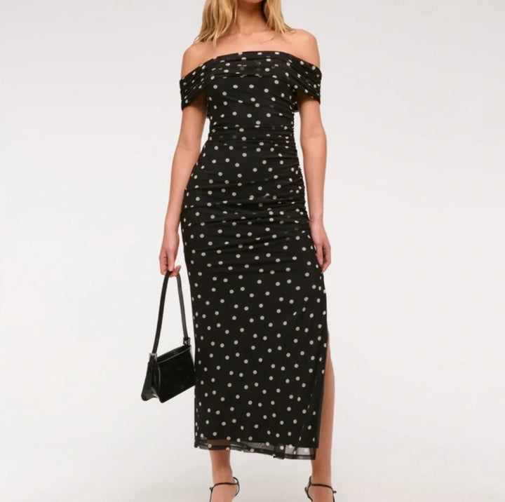 Abercrombie &amp; Fitch Women’s Mesh Draped off the Shoulder Maxi Dress Women’s Size Medium Black Polka Dot NEW!!