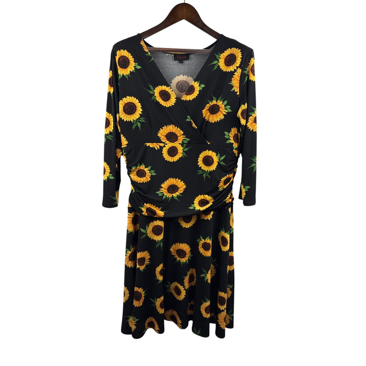 Women’s Rekuccí Size 16 Black w/ Yellow Sunflowers 3/4 Length Sleeve Midi Dress