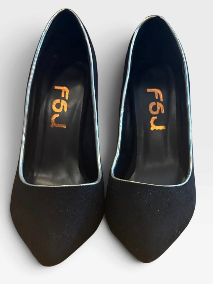 FSJ Black Faux Suede Gold Metallic Stiletto Heels Pointed Toe Pumps Size 6