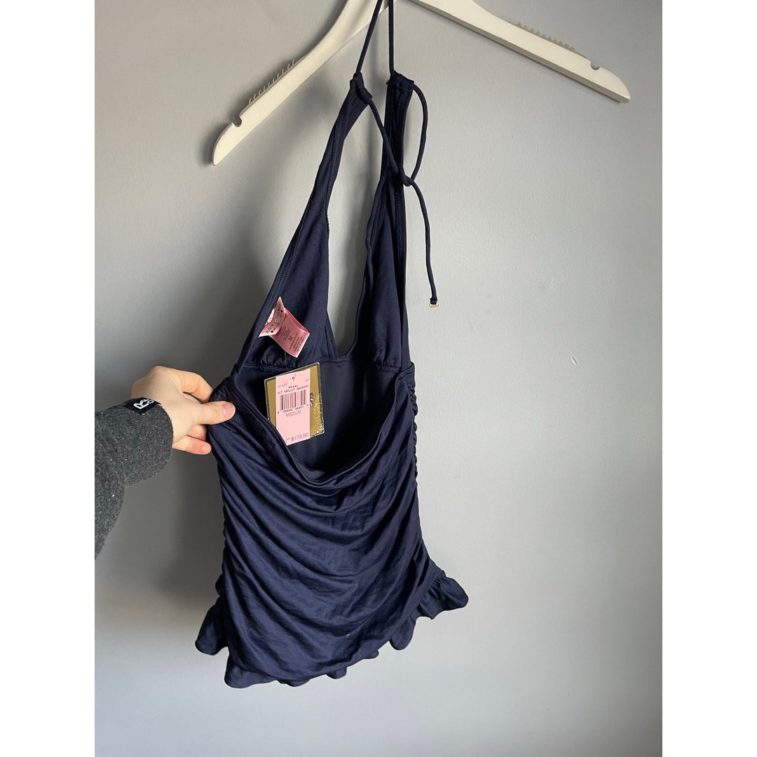 Juicy Couture Navy Blue One Piece Ruffle Ruched Bathing suit NWT Medium Y2K Skirt HLT Maillot Swimdress Beach Royalty Swim Suit