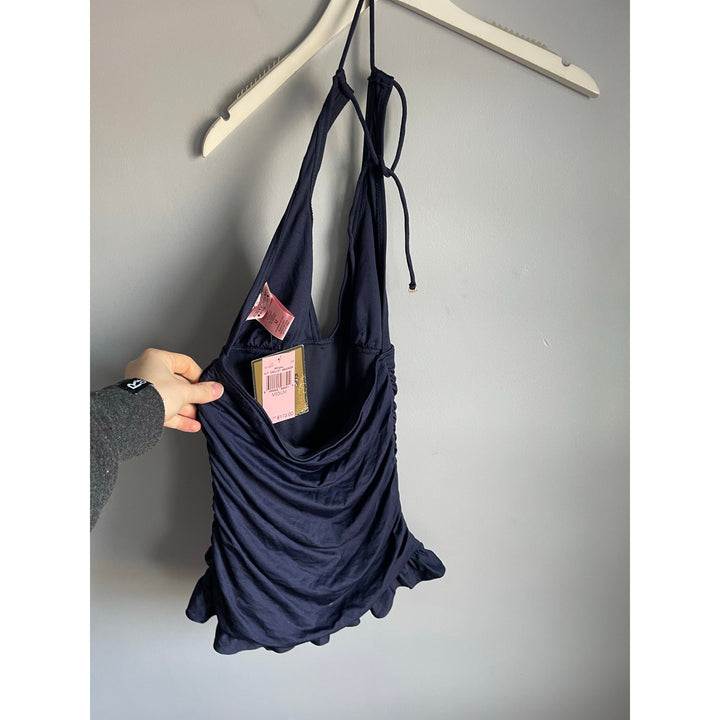 Juicy Couture Navy Blue One Piece Ruffle Ruched Bathing suit NWT Medium Y2K Skirt HLT Maillot Swimdress Beach Royalty Swim Suit