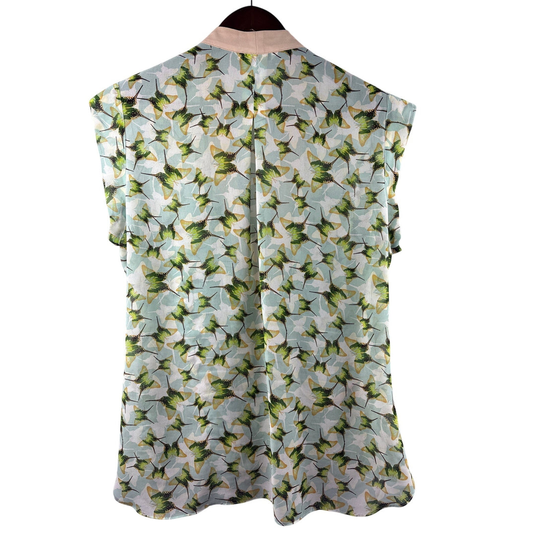 Women’s Cabi XL Light Teal w/ Green Butterflied Patterned Sleeveless Blouse