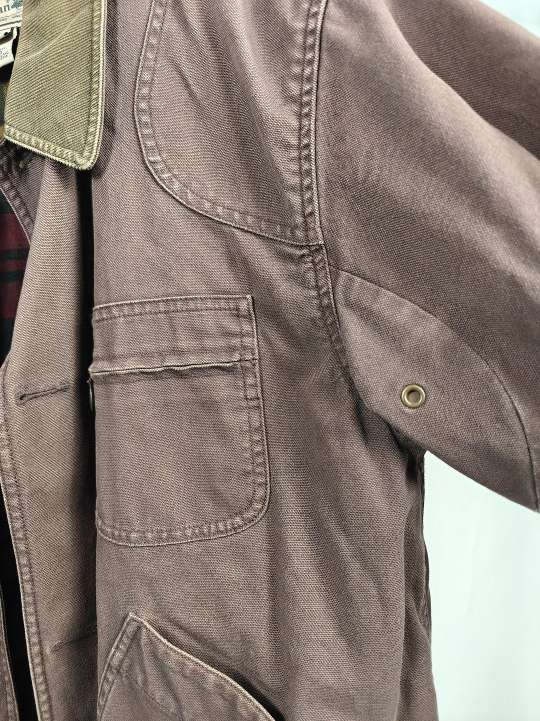 LL Bean Mens Brown Barn Coat With Corduroy Collar And Plaid Lining Size Medium