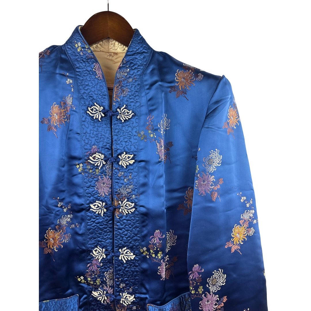 Women’s Large Reversible Royal Blue & Gold Kimono Style Blouse w/ Floral Pattern