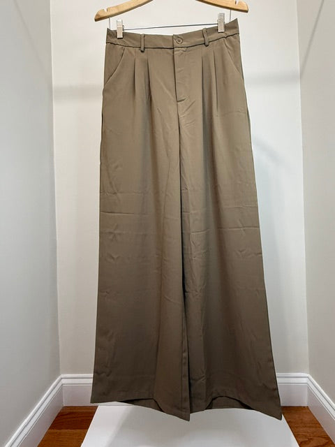 Classic Wide Leg Trousers Tan Elastic Waist SzL