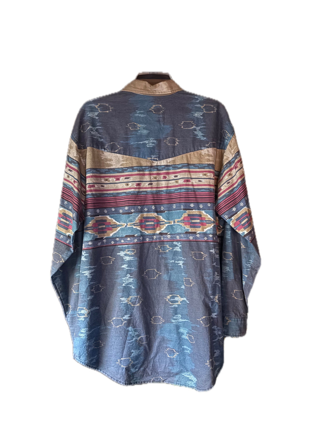 Western Plains Southwestern Aztec Print Long Sleeve Shirt Blue Tan Pink Large