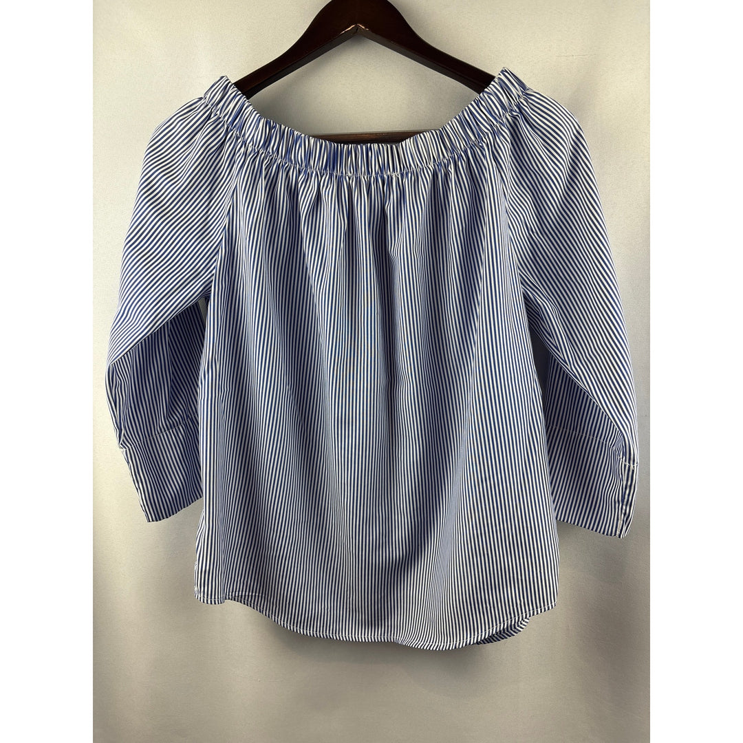 Women’s Kontrol Large White & Blue Striped 3/4 Sleeve Blouse