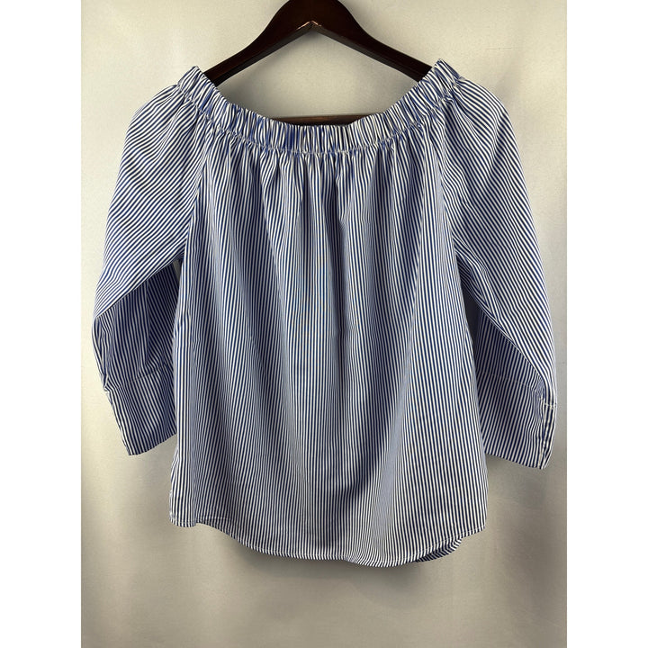 Women’s Kontrol Large White & Blue Striped 3/4 Sleeve Blouse