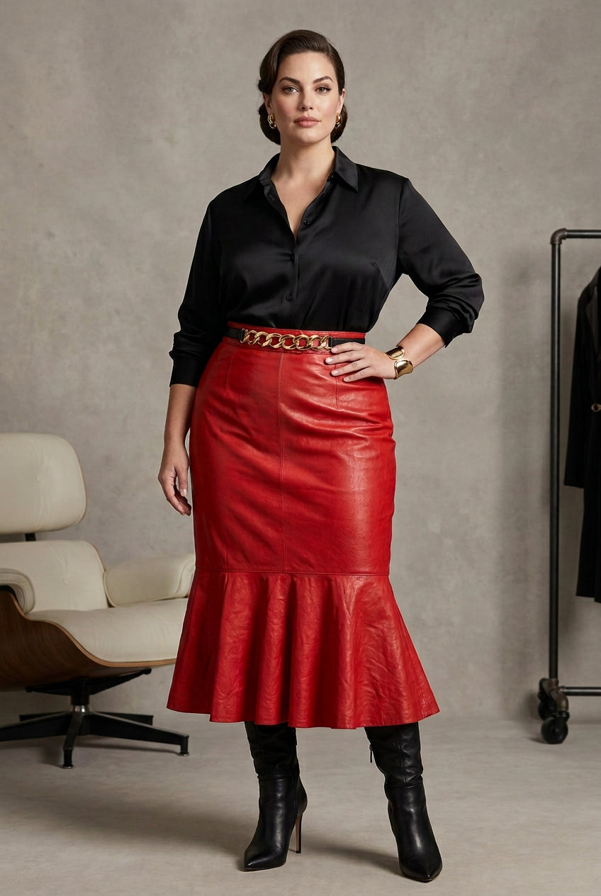 Vintage 1980s Christian Lauren red leather trumpet skirt featuring a midi length. Size 13/14