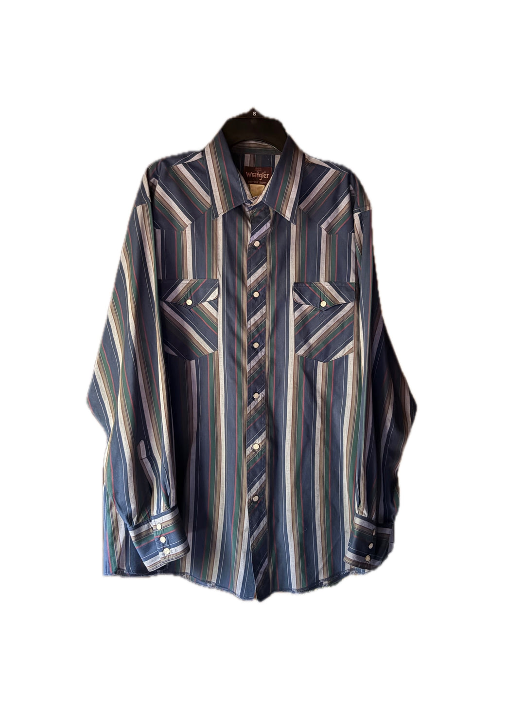 Vintage Wrangler Western Shirt Men XL Pearl Snap Blue Green Striped
