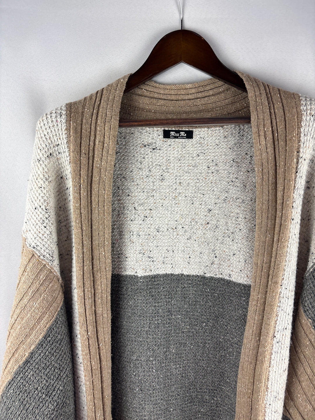 Women’s Miss Me Small White, Gray &amp; Tan Cardigan