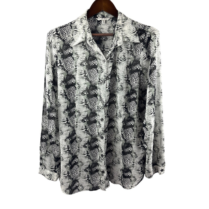 Women’s Cabi XL White, Gray, & Black Snake Skin Patterned Long Sleeve Blouse