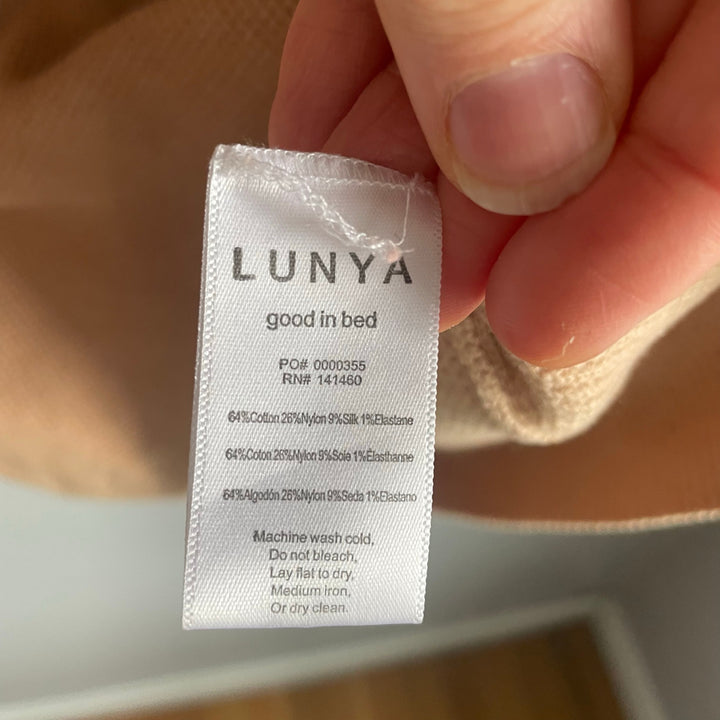 Lunya Tan Mock Neck Sweater sz Small Silk Blend Lounge Neutral Minimalist