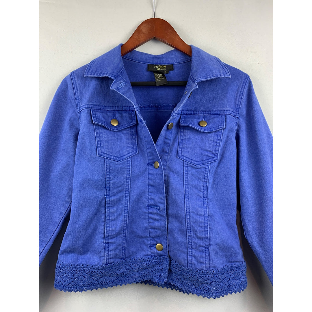 Twiggy London Womens Blue Denim Jacket With Crochet Trim Size S
