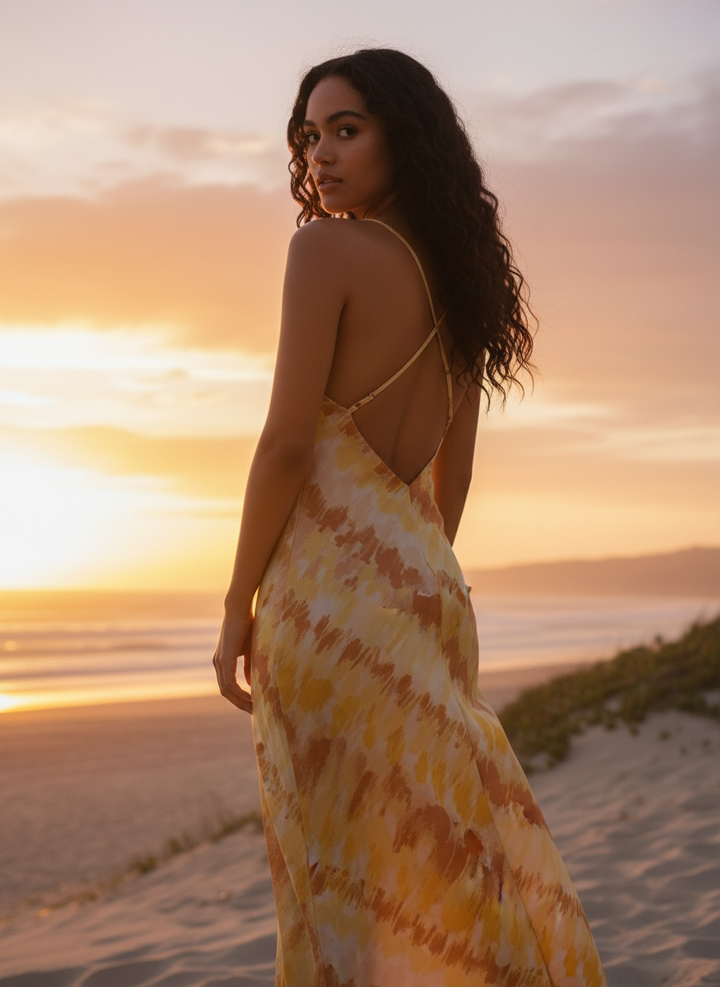 Forever 21 Women’s Yellow/Orange Tie Dye Slip Adjustable  Maxi Dress, Size M