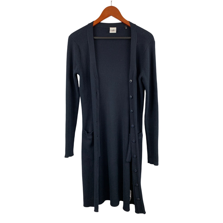 Cabi Womens Ribbed Knit Long Cardigan Sweater S Navy Blue Button Front