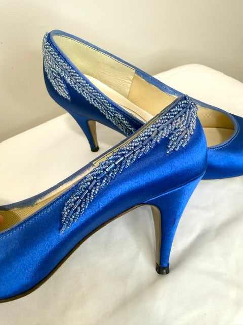 Vintage Nouveau 90s Royal Blue Satin Beaded Pumps Sz 7