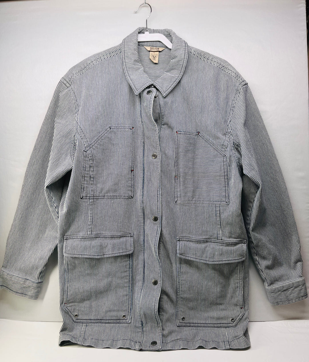 Duluth Trading Co Hickory Stripe Chore Coat Workwear Railroad inspired Denim Jacket