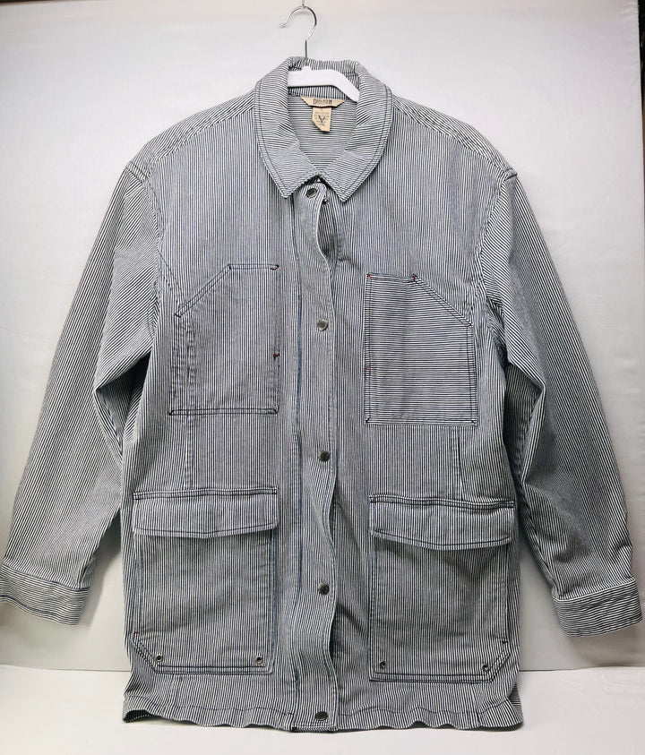 Duluth Trading Co Hickory Stripe Chore Coat Workwear Railroad inspired Denim Jacket