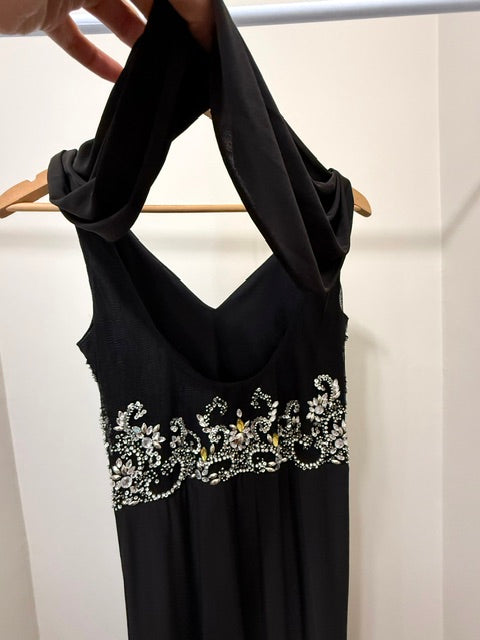 Black Ruched Metallic Jewel Evening Gown Fits Sz4–8
